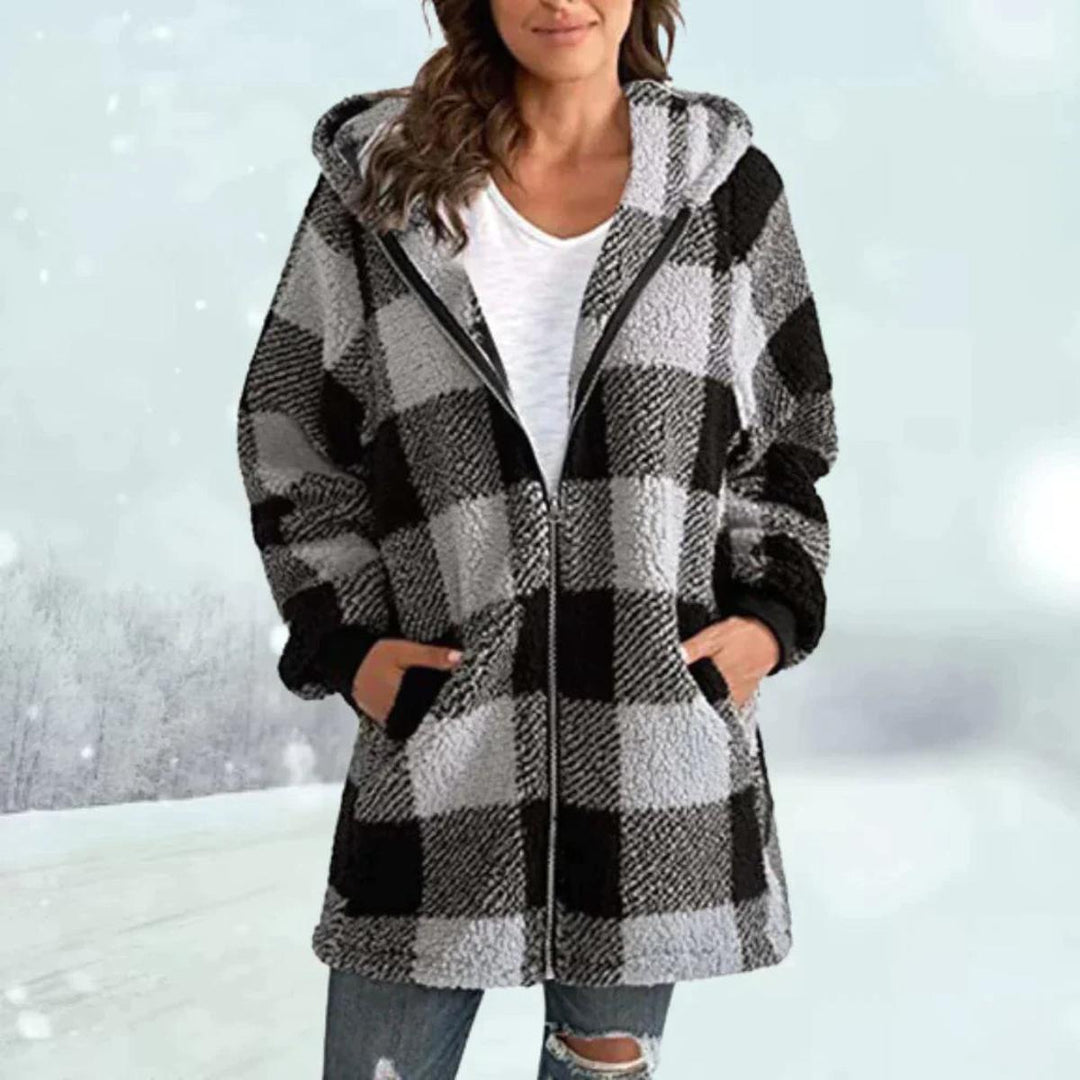 Mune | Check pattern faux fur winter coat with hood