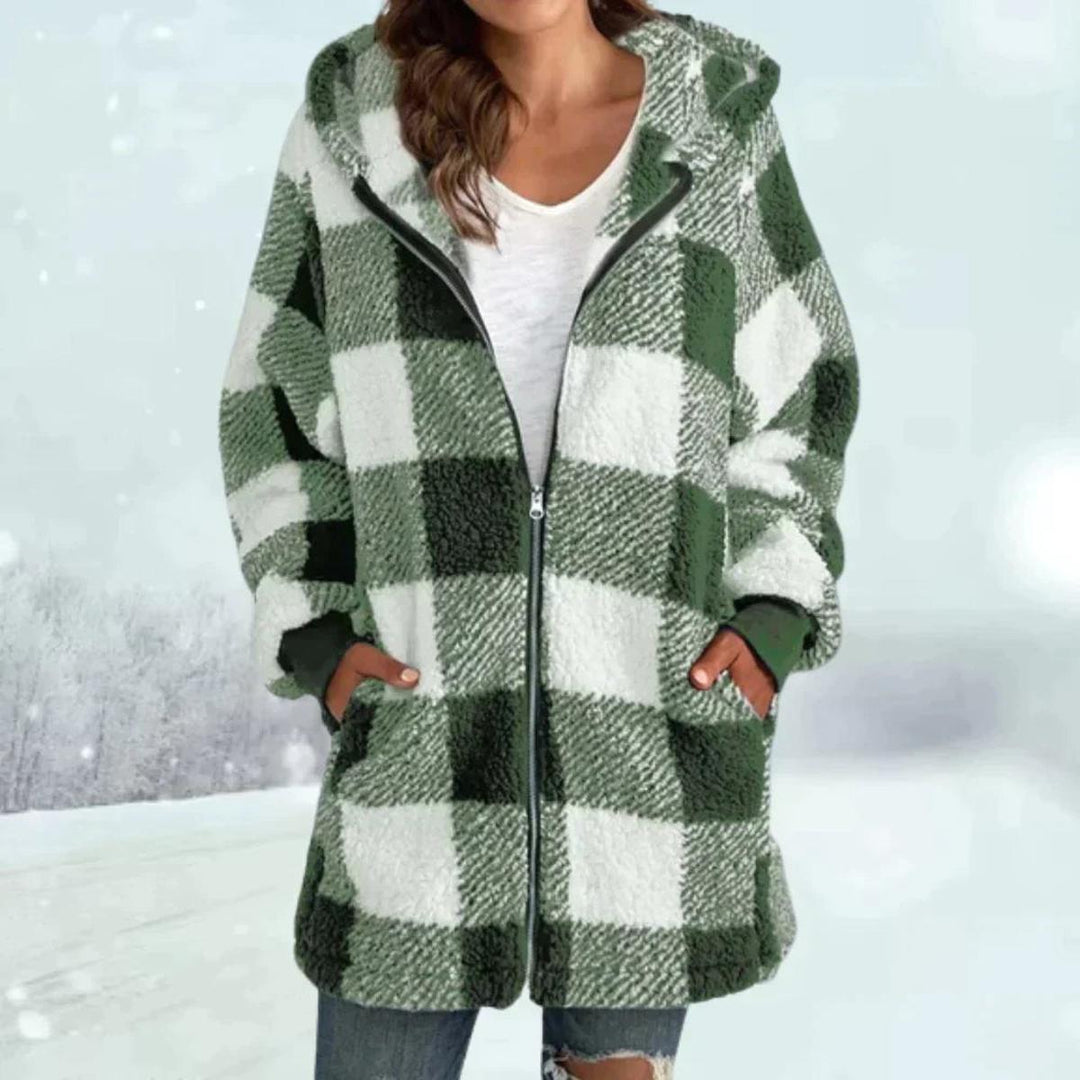 Mune | Check pattern faux fur winter coat with hood