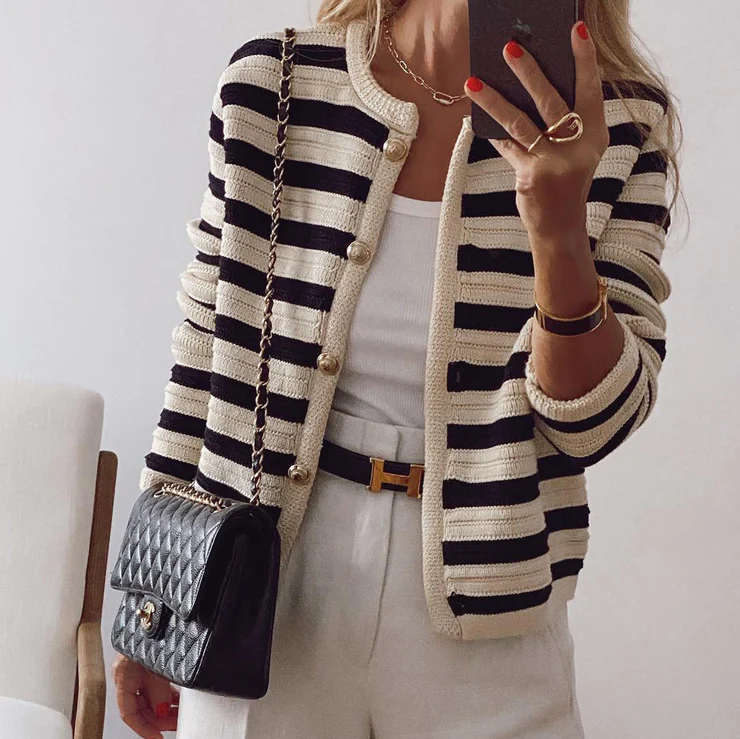 Mune | Women's Striped Sweater with Round Neckline and Button Closure