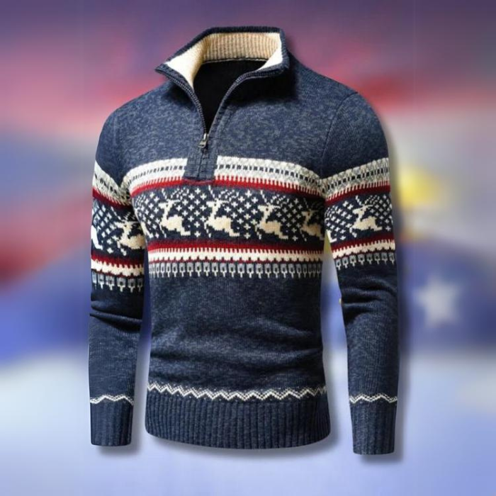Mune | Winter sweater for men - warm knitted pullover with half zipper & Scandinavian reindeer pattern