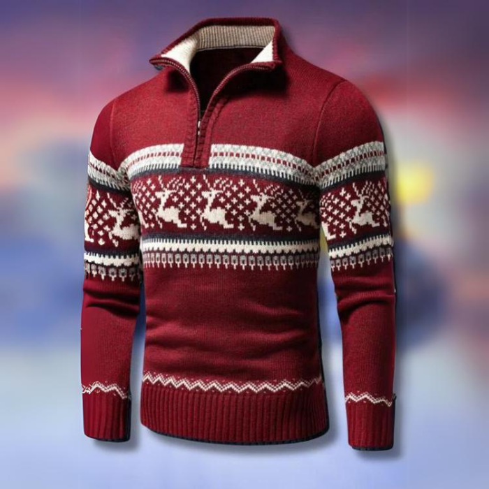 Mune | Winter sweater for men - warm knitted pullover with half zipper & Scandinavian reindeer pattern