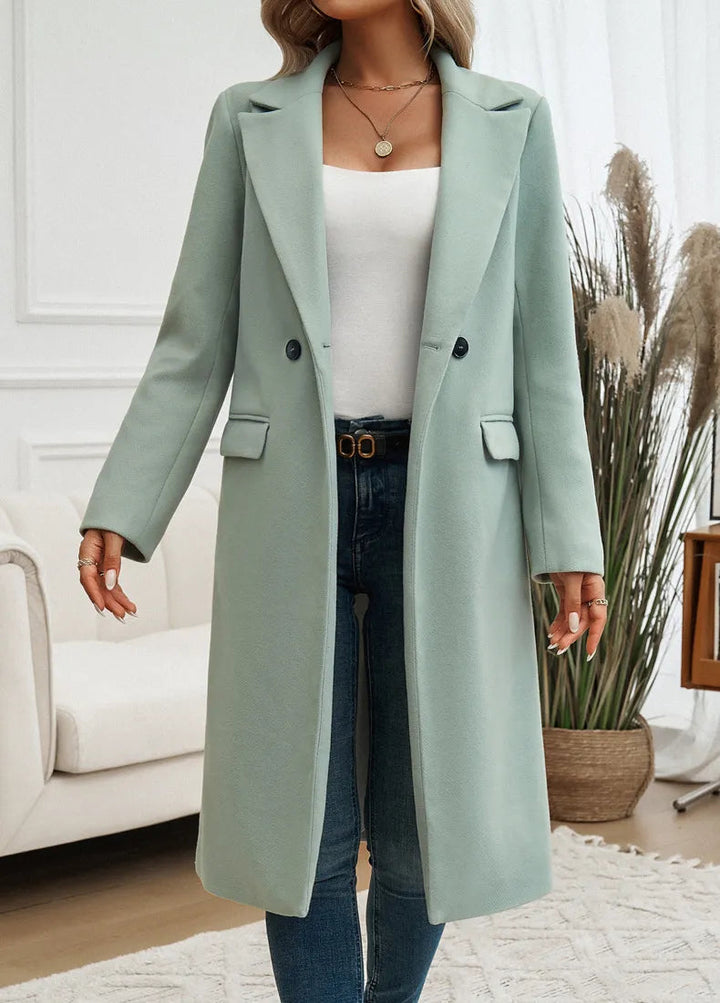 Mune | Women's Elegant Long Trench Coat with Notched Collar and Simple Buttons