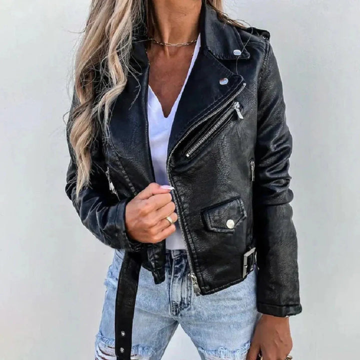 Mune | Cropped PU Leather Biker Jacket with Asymmetric Zipper