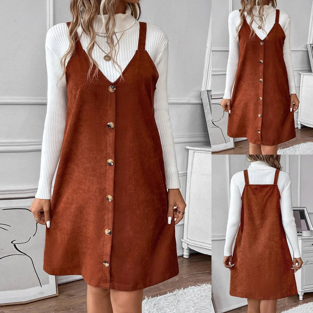 Mune | Dress In Cord with Straps, V-Neck and Button Details