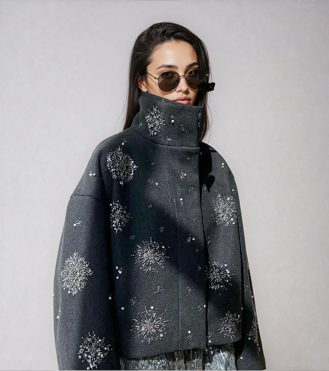 Mune | Women's Embroidered Peacoat Coat with Pearls and High Collar