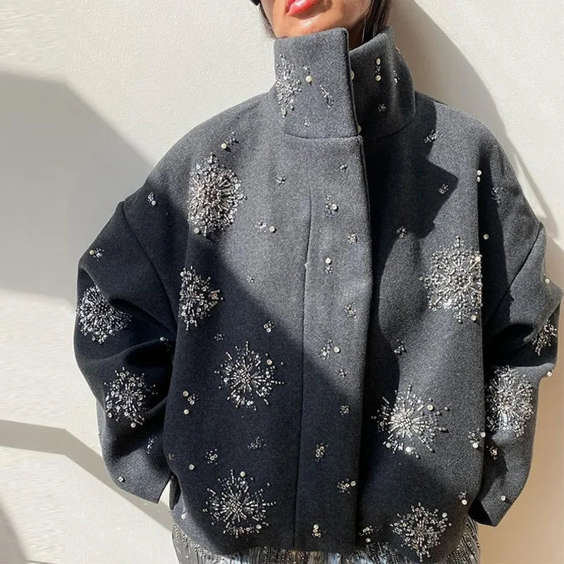 Mune | Women's Embroidered Peacoat Coat with Pearls and High Collar