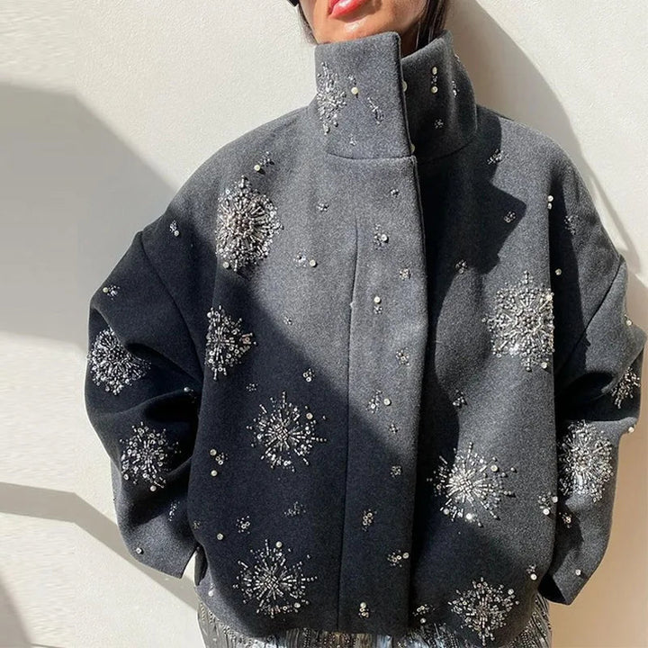 Mune | Women's Embroidered Peacoat Coat with Pearls and High Collar