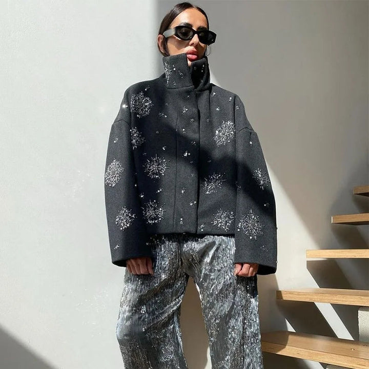 Mune | Women's Embroidered Peacoat Coat with Pearls and High Collar