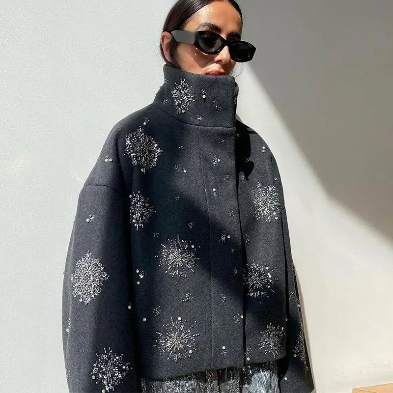 Mune | Women's Embroidered Peacoat Coat with Pearls and High Collar