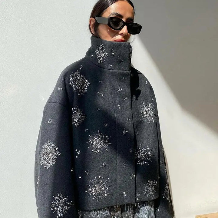 Mune | Women's Embroidered Peacoat Coat with Pearls and High Collar