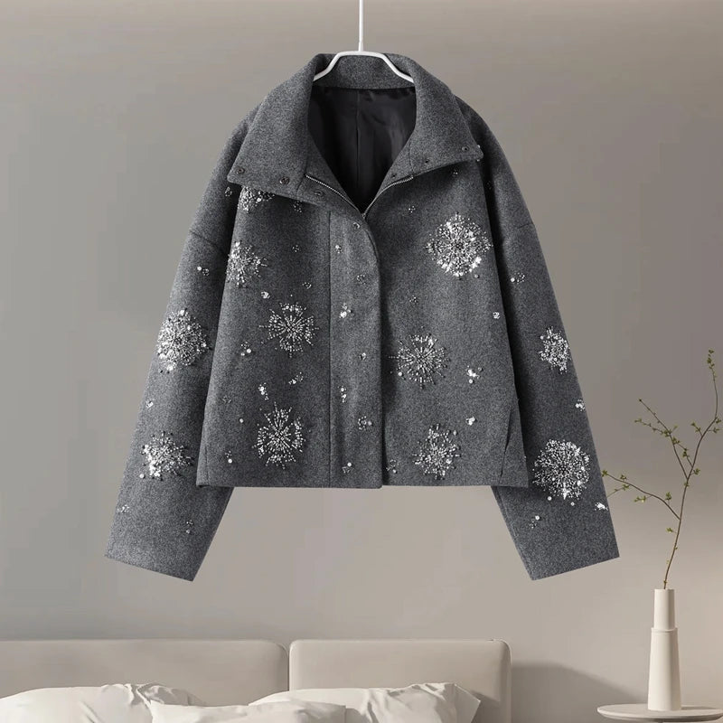 Mune | Women's Embroidered Peacoat Coat with Pearls and High Collar