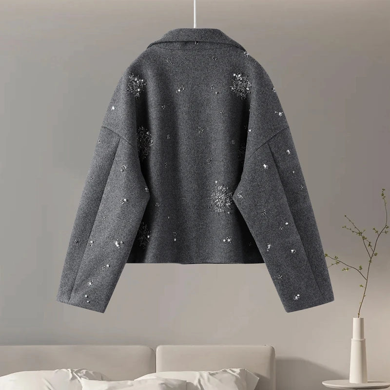 Mune | Women's Embroidered Peacoat Coat with Pearls and High Collar