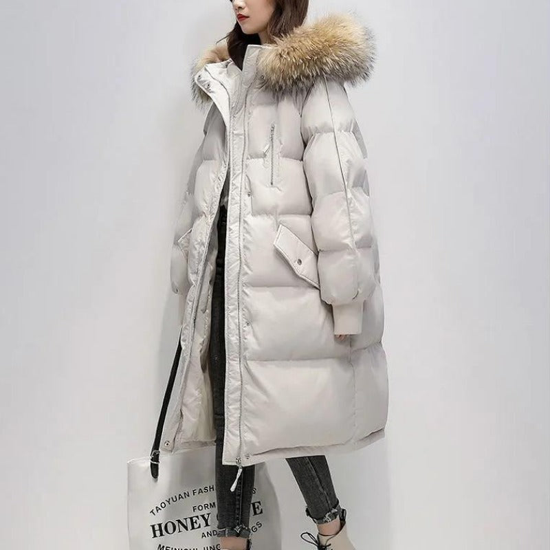 Mune | Women's Long Padded Puffer Jacket with Hood and Fur Collar