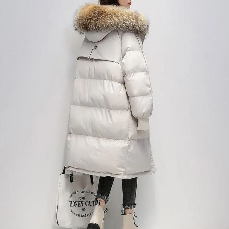 Mune | Women's Long Padded Puffer Jacket with Hood and Fur Collar