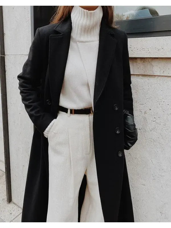 Mune | Women's Long Wool Coat with Double Button Placket and Lapel Collar