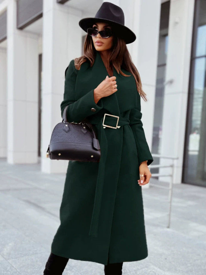 Mune | Women's Long Jacket with Belt and Draped Lapel in Wool Look
