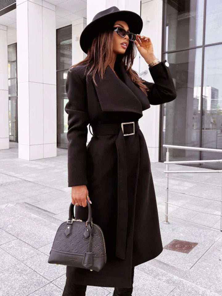 Mune | Women's Long Jacket with Belt and Draped Lapel in Wool Look