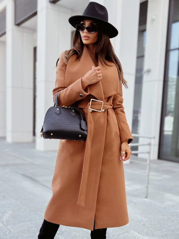 Mune | Women's Long Jacket with Belt and Draped Lapel in Wool Look