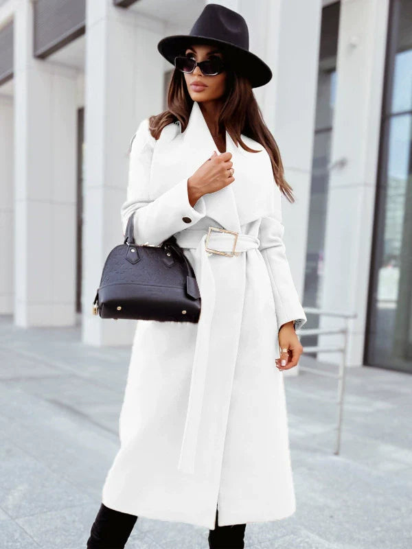 Mune | Women's Long Jacket with Belt and Draped Lapel in Wool Look