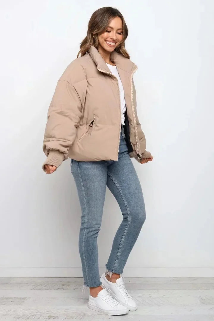 Mune | Women's Quilted Puffer Jacket with Stand Collar and Slant Zipper Pockets