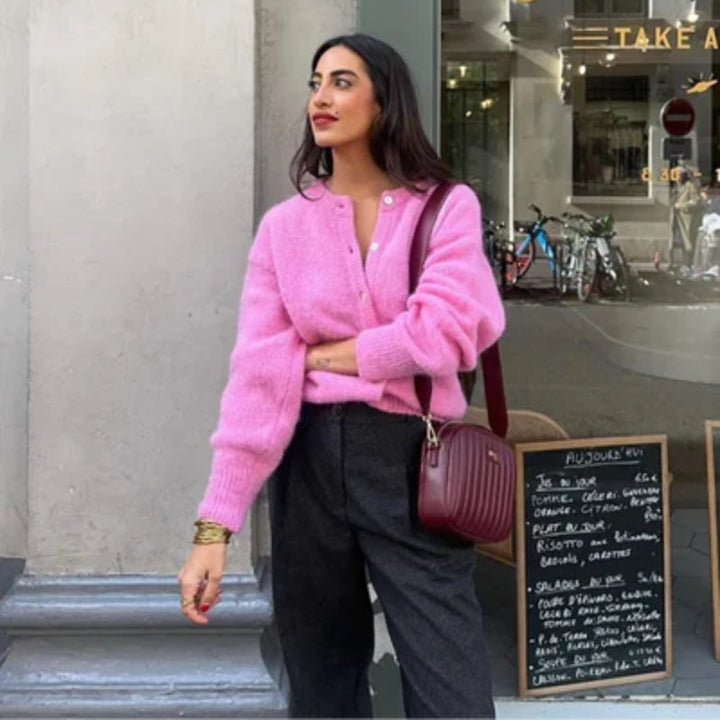 Mune | Women's Pink Cardigan with Round Neck and Button Closure