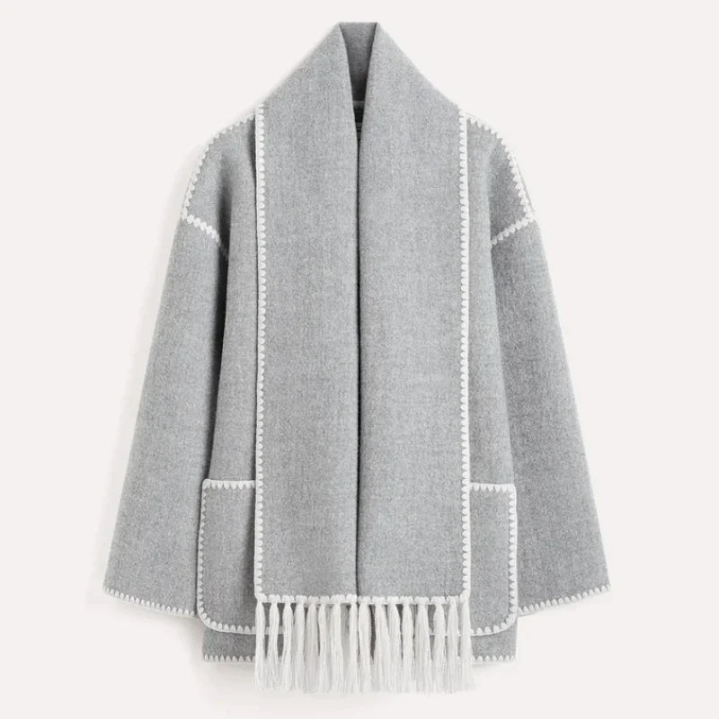 Mune | Women's Wool Scarf Jacket with Integrated Scarf and Contrast Stitching