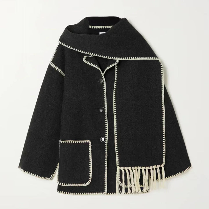 Mune | Women's Wool Scarf Jacket with Integrated Scarf and Contrast Stitching