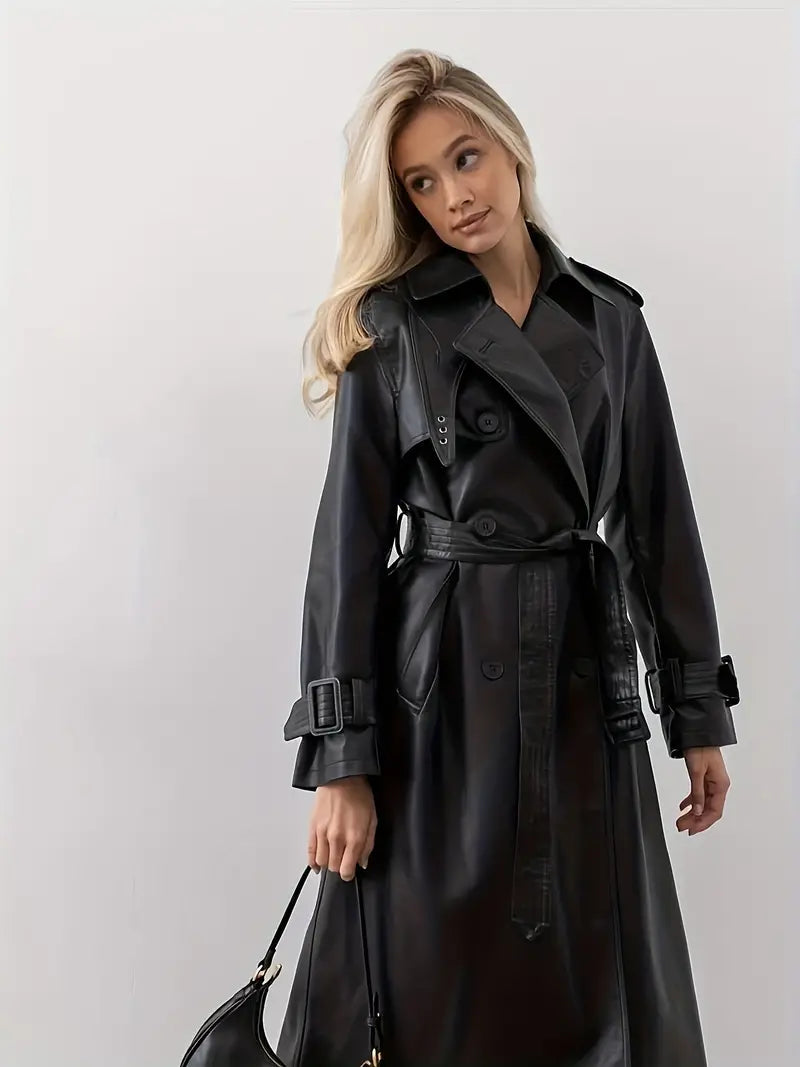Mune | Leather Trench Coat Women - Long Trench Coat Black