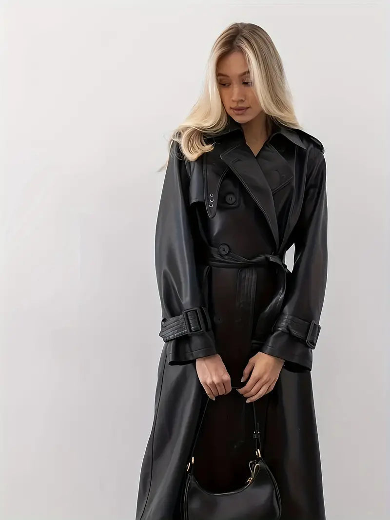 Mune | Leather Trench Coat Women - Long Trench Coat Black