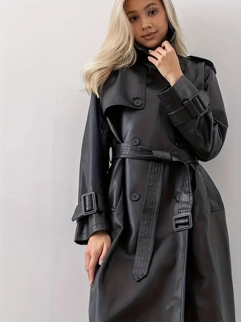 Mune | Leather Trench Coat Women - Long Trench Coat Black