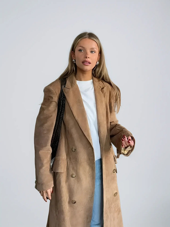 Mune | Women's Suede Trench Coat with Classic Lapels and Double Button Closure