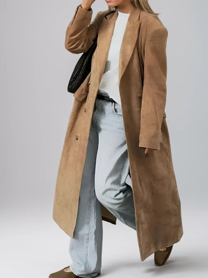 Mune | Women's Suede Trench Coat with Classic Lapels and Double Button Closure