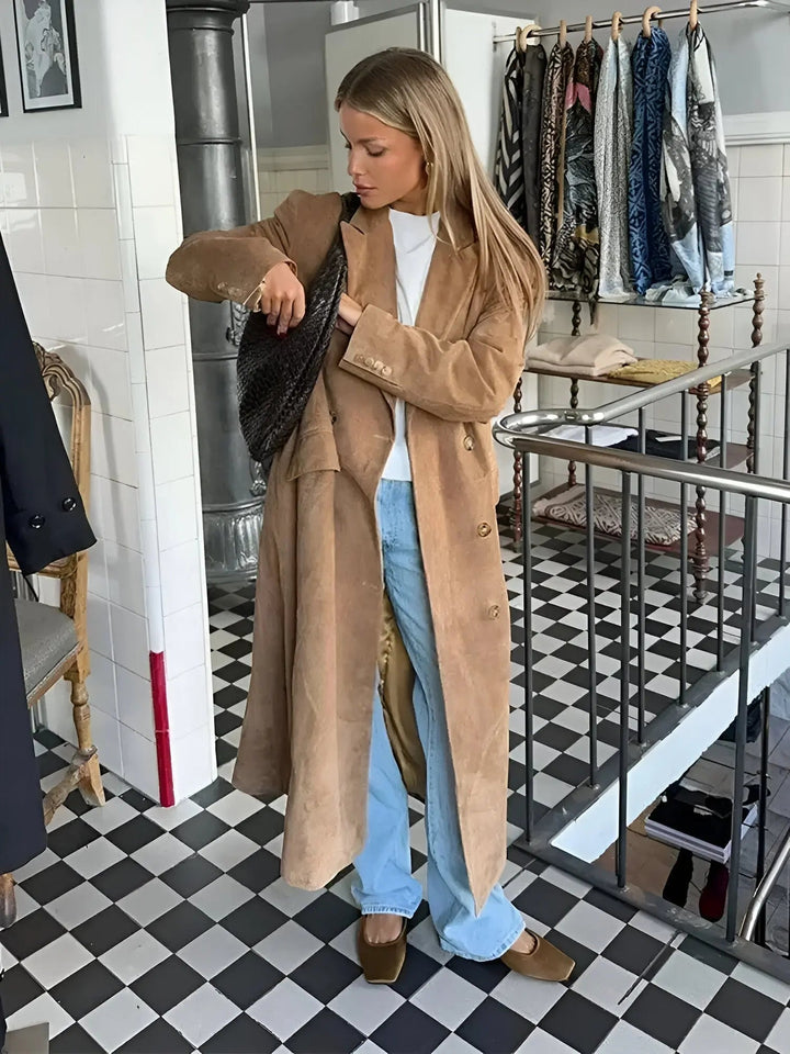 Mune | Women's Suede Trench Coat with Classic Lapels and Double Button Closure