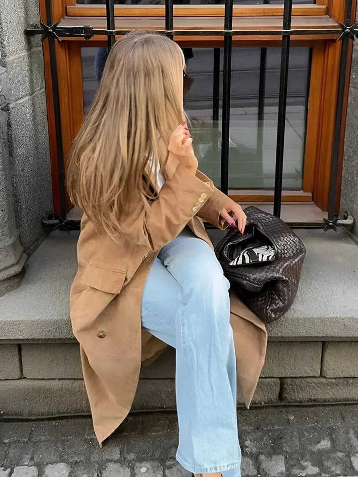 Mune | Women's Suede Trench Coat with Classic Lapels and Double Button Closure
