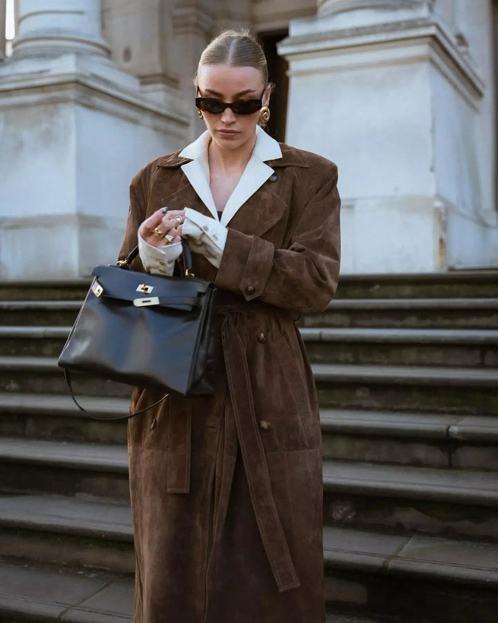 Mune | Women's Suede Trench Coat with Waist Belt and Double Button Placket