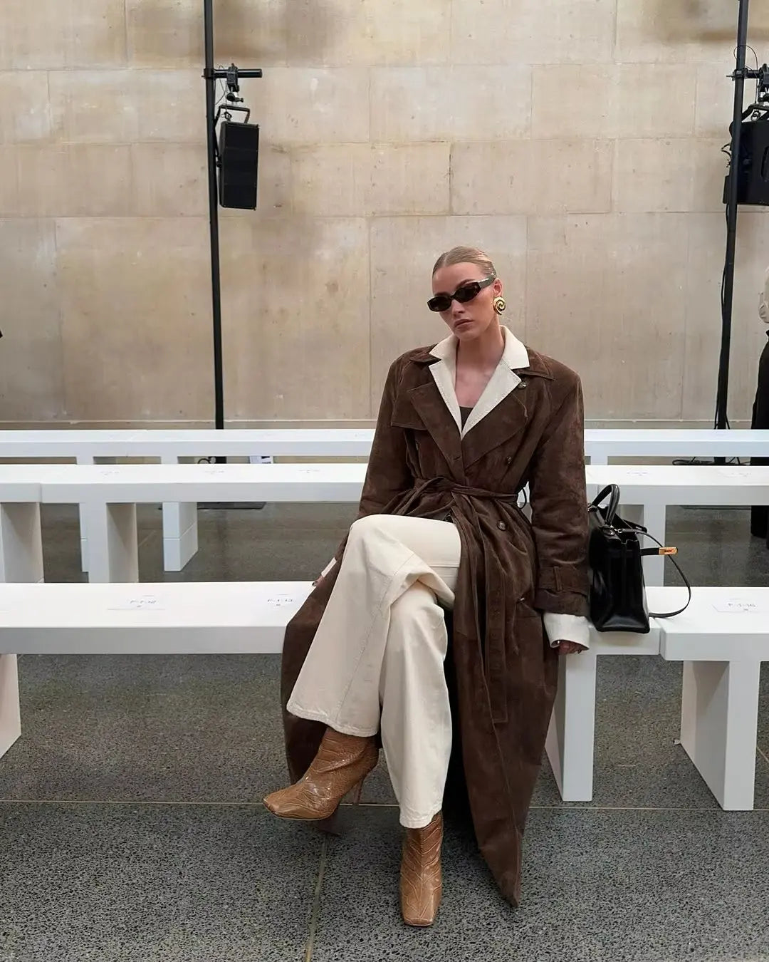 Mune | Women's Suede Trench Coat with Waist Belt and Double Button Placket