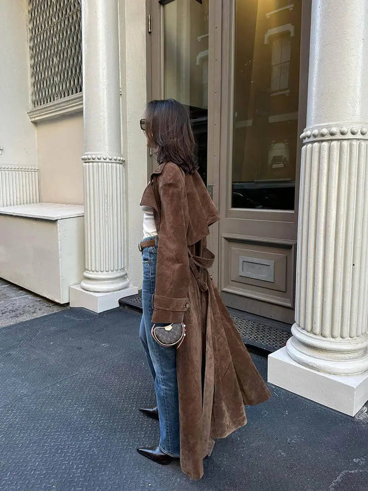 Mune | Women's Suede Trench Coat with Waist Belt and Double Button Placket