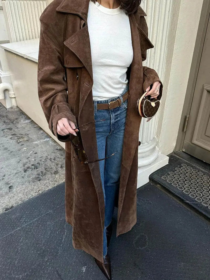 Mune | Women's Suede Trench Coat with Waist Belt and Double Button Placket