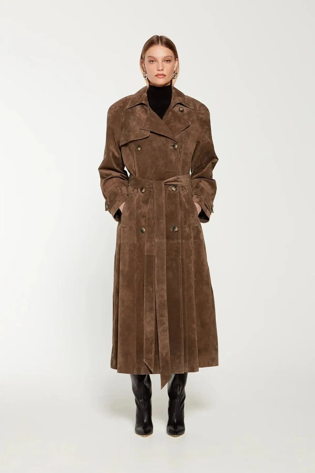 Mune | Women's Suede Trench Coat with Waist Belt and Double Button Placket