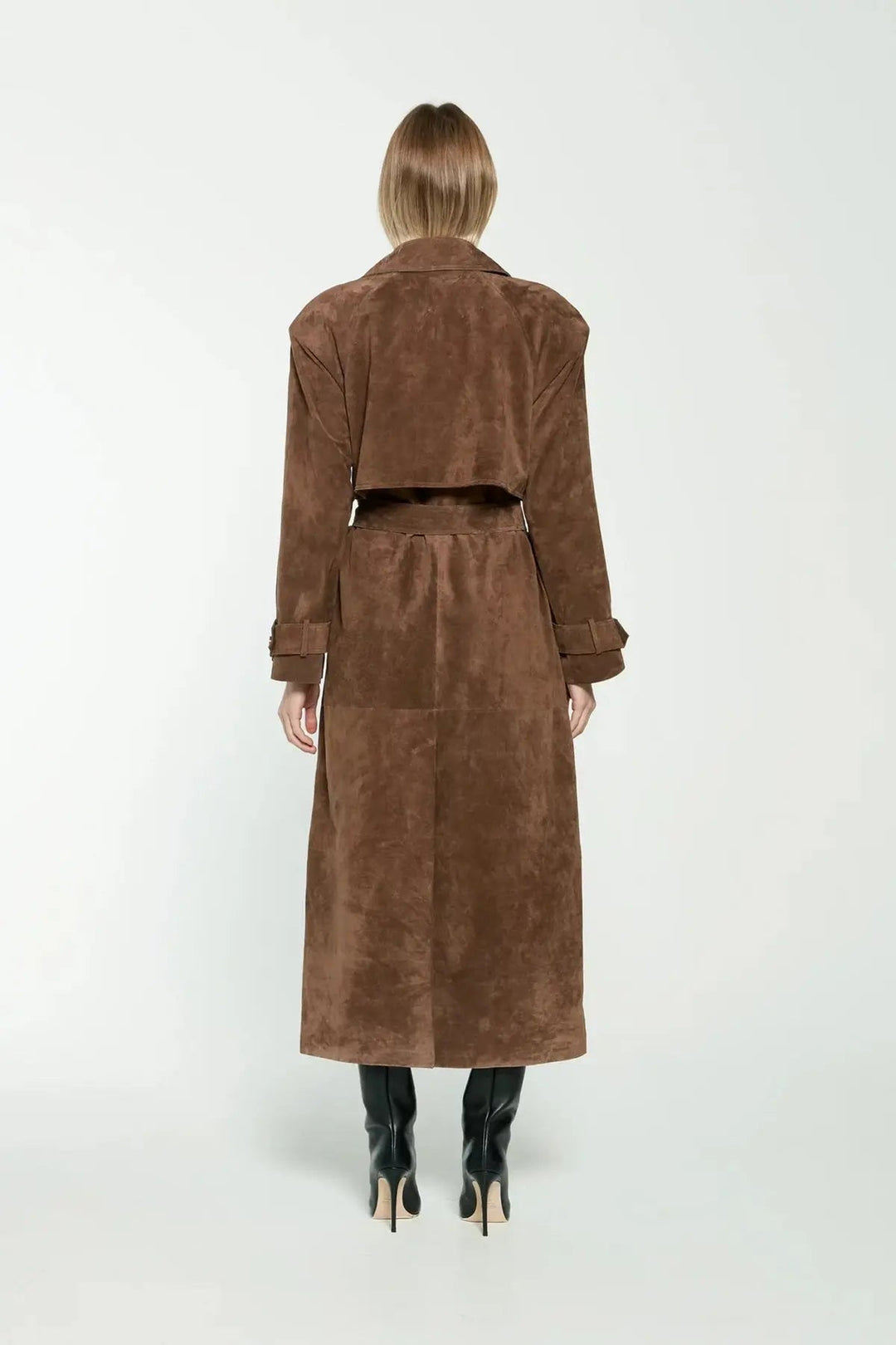 Mune | Women's Suede Trench Coat with Waist Belt and Double Button Placket