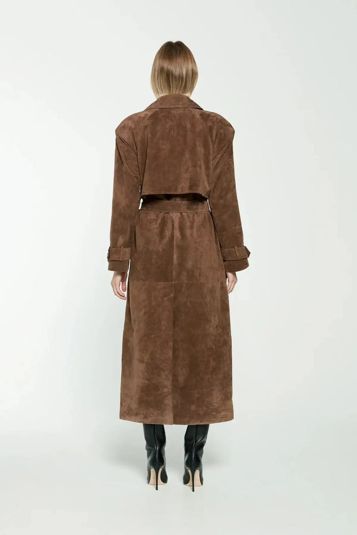 Mune | Women's Suede Trench Coat with Waist Belt and Double Button Placket