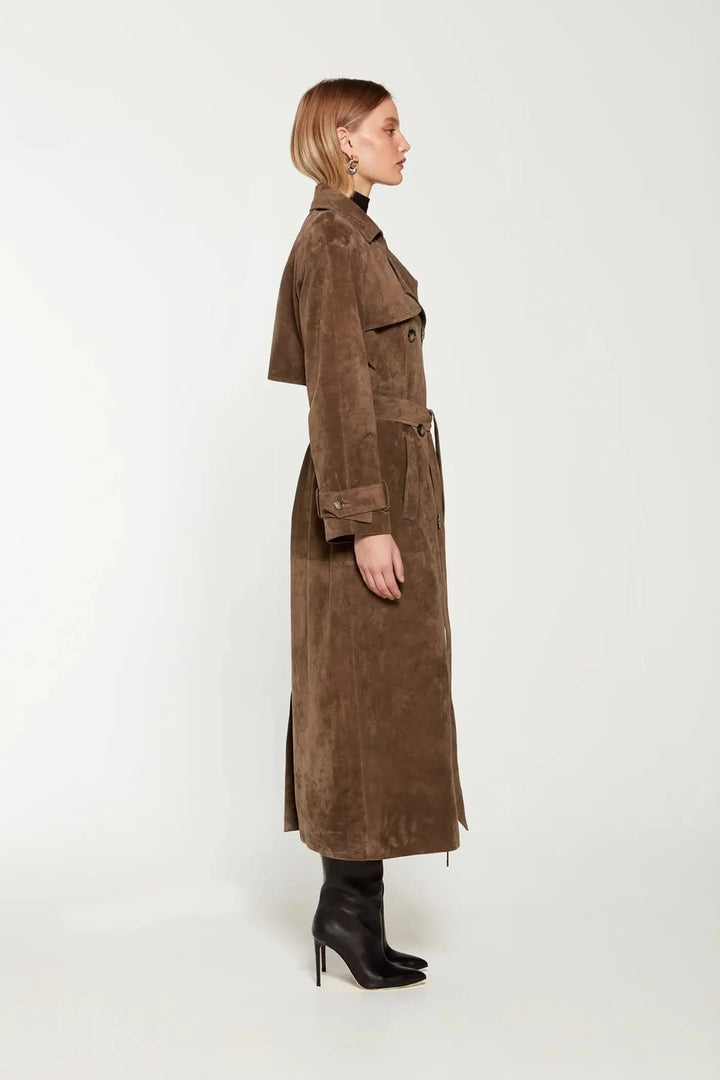 Mune | Women's Suede Trench Coat with Waist Belt and Double Button Placket
