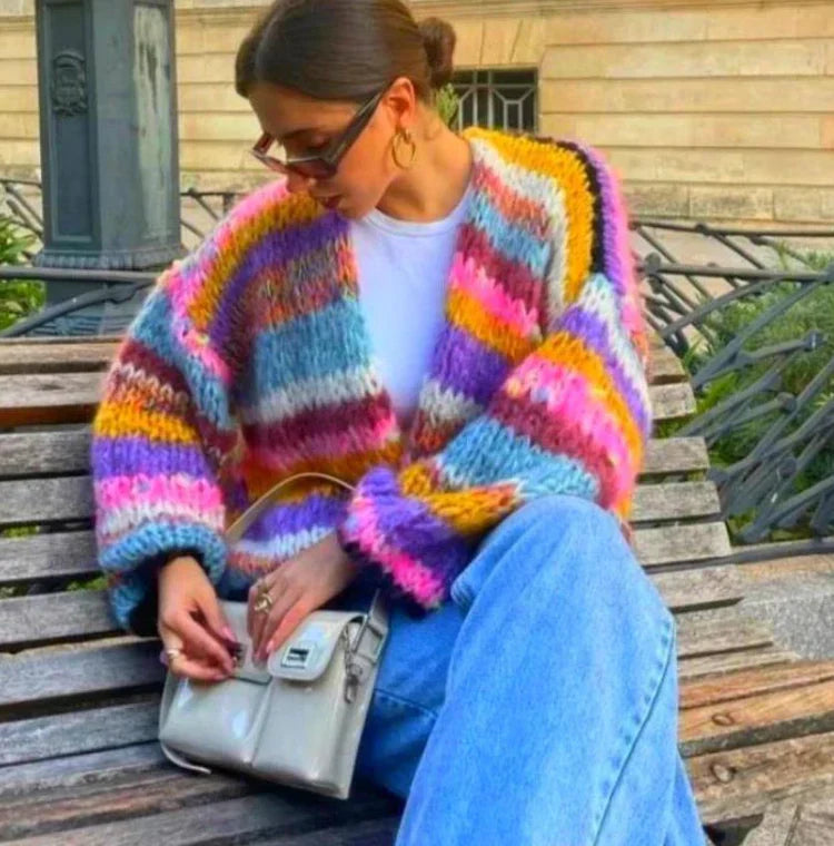 Mune | Checked Cardigan with Rainbow Stripes