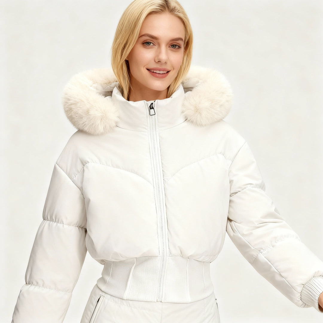 Mune | Ladies Cropped Down Jacket with Removable Hood and Faux Fur Trim