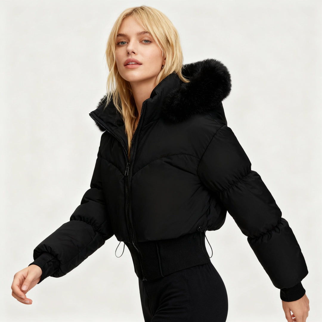 Mune | Ladies Cropped Down Jacket with Removable Hood and Faux Fur Trim