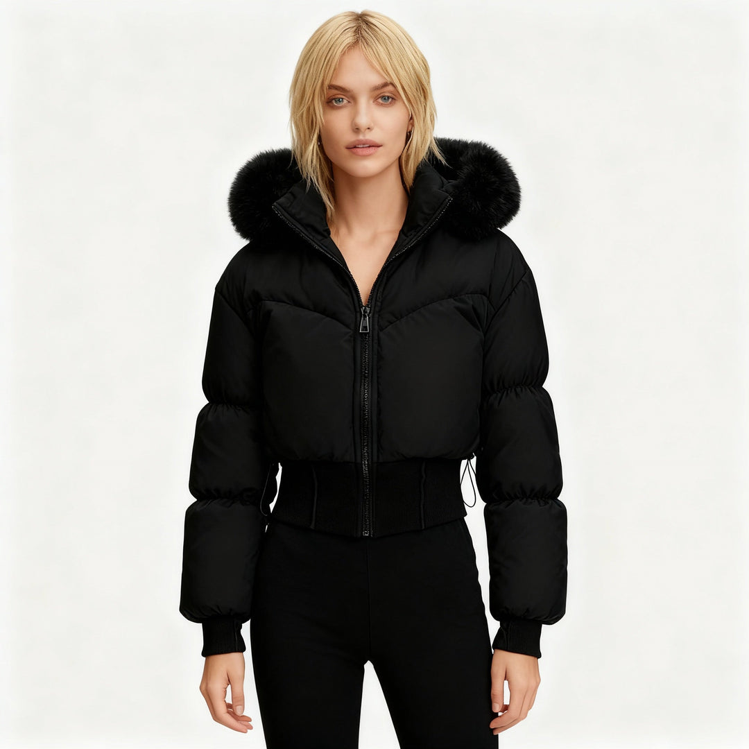 Mune | Ladies Cropped Down Jacket with Removable Hood and Faux Fur Trim