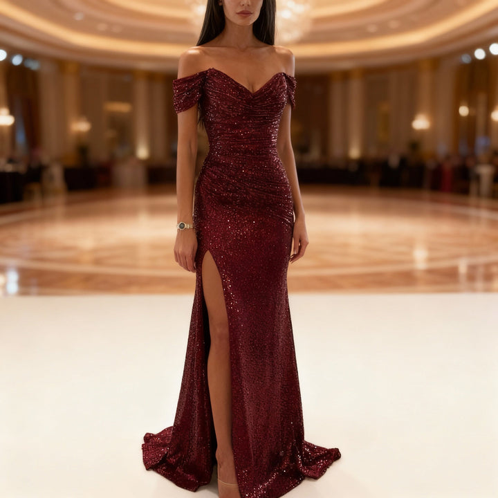 Mune Fashion | Off Shoulder Evening Dress with Sequins, Slit and Figure-Hugging Cut for Women