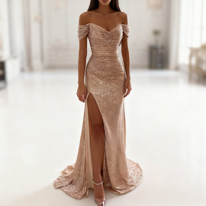 Mune Fashion | Off Shoulder Evening Dress with Sequins, Slit and Figure-Hugging Cut for Women