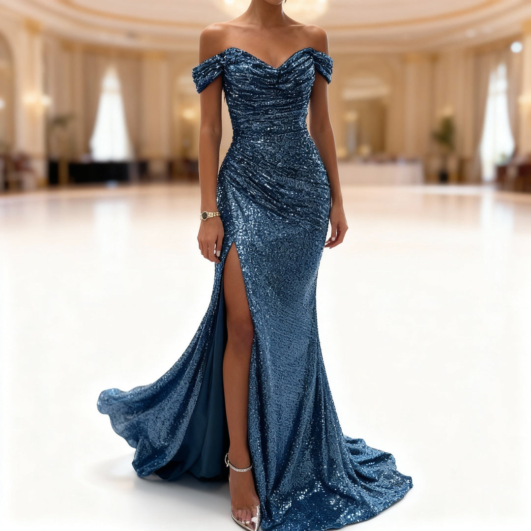Mune Fashion | Off Shoulder Evening Dress with Sequins, Slit and Figure-Hugging Cut for Women