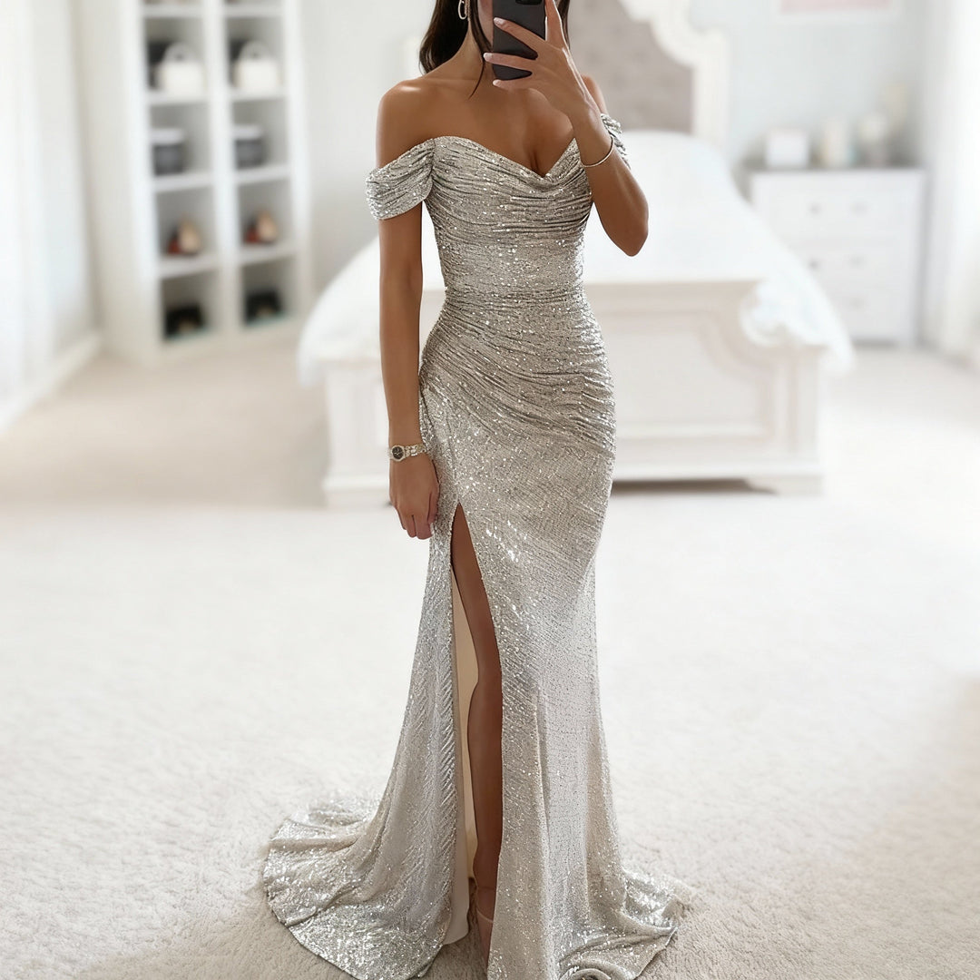 Mune Fashion | Off Shoulder Evening Dress with Sequins, Slit and Figure-Hugging Cut for Women
